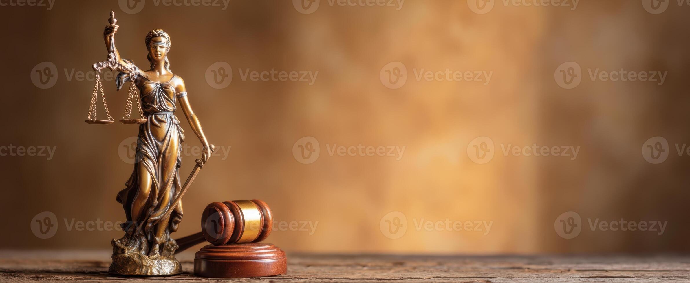 The elegant statue of Lady Justice with scales and gavel on wooden table photo