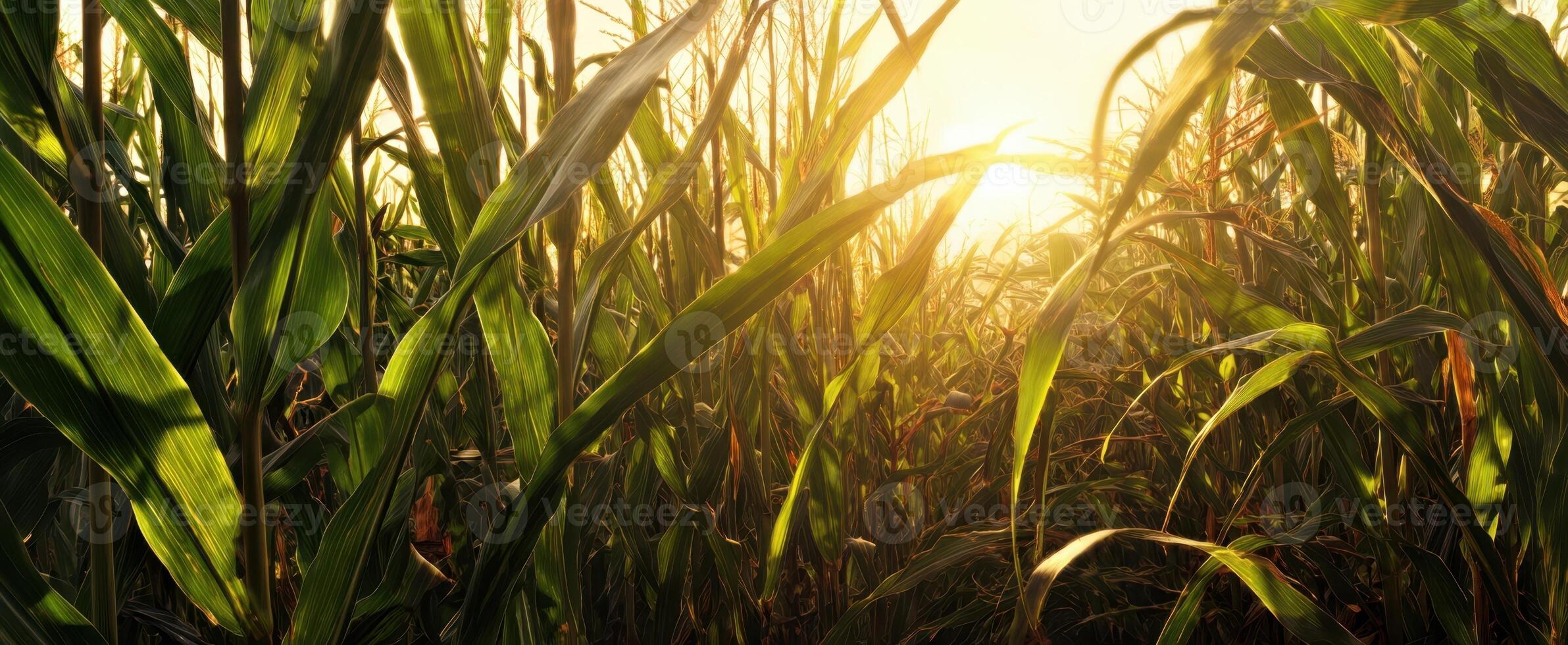 The golden hues of the cornfield at sunset create a serene landscape. photo