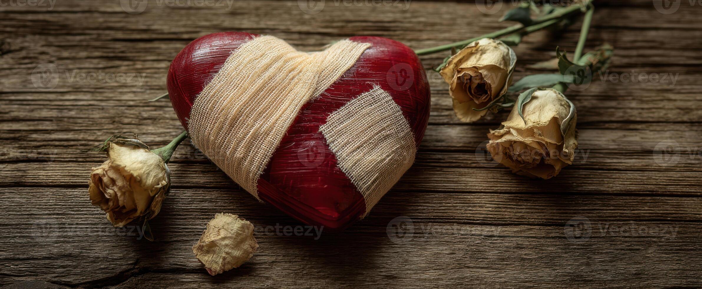 The heart symbolizing love's journey of healing and recovery with dried roses. photo