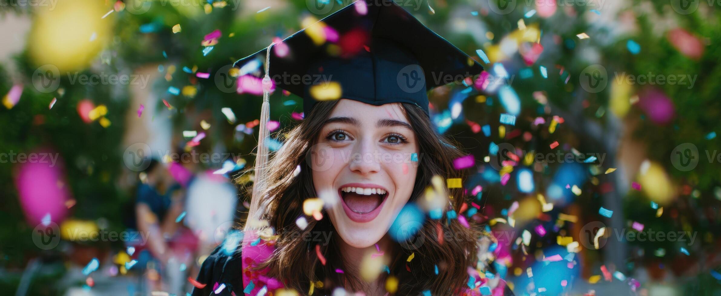 The joyful graduate celebrating her achievement with colorful confetti in the air. photo