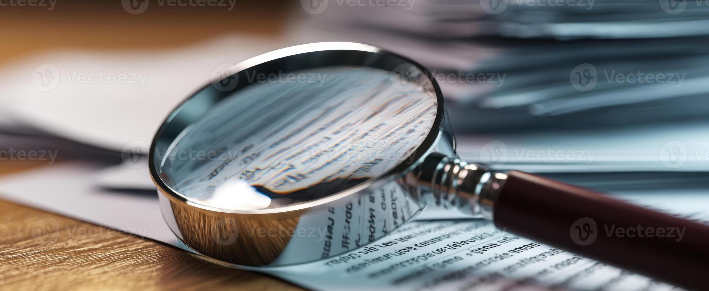 The magnifying glass focuses on detailed text within the paperwork. photo
