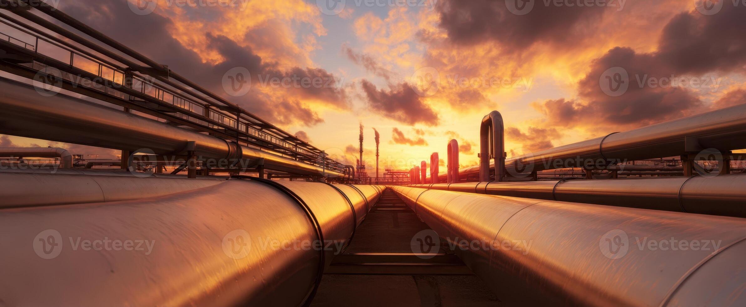 The panoramic view of pipelines under a dramatic sunset sky photo