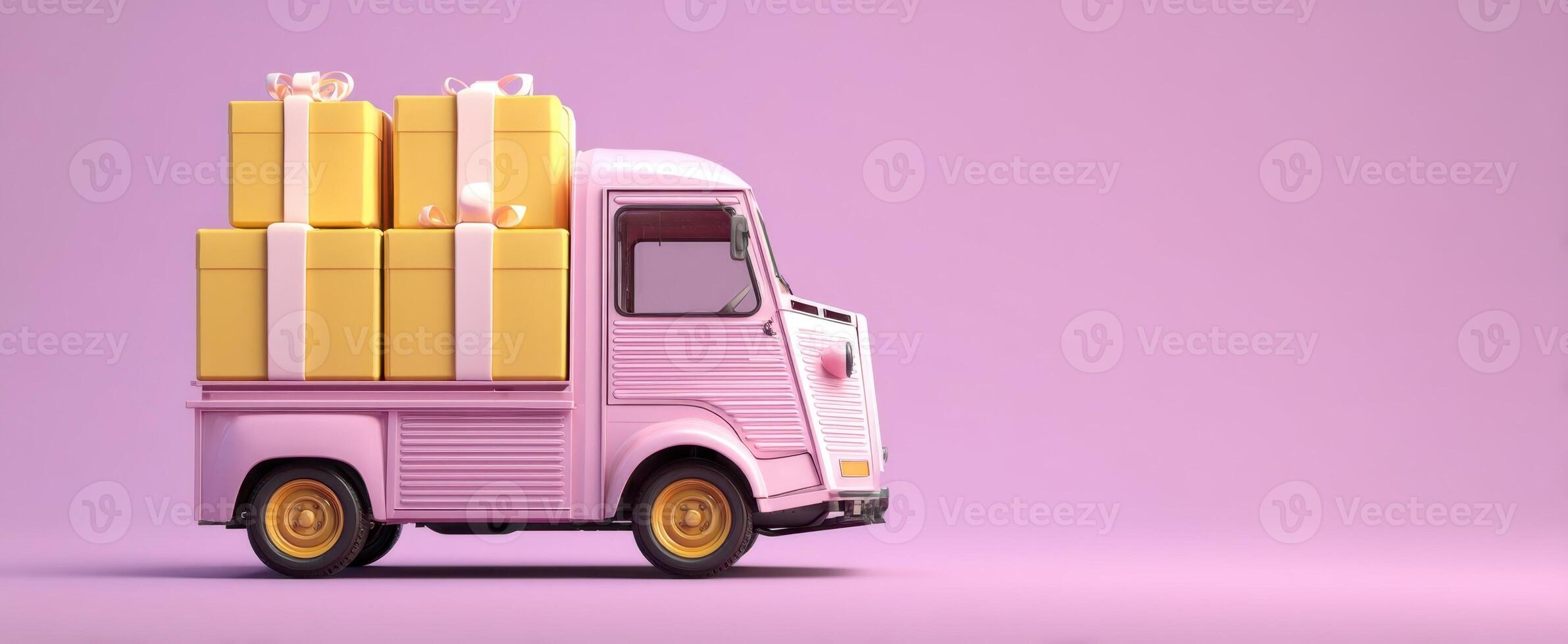 The charming pink delivery truck filled with colorful gift boxes. photo