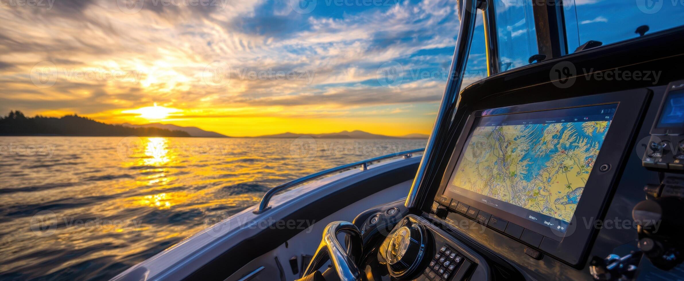 The boat's dashboard displaying navigation during a stunning sunset over the ocean. photo