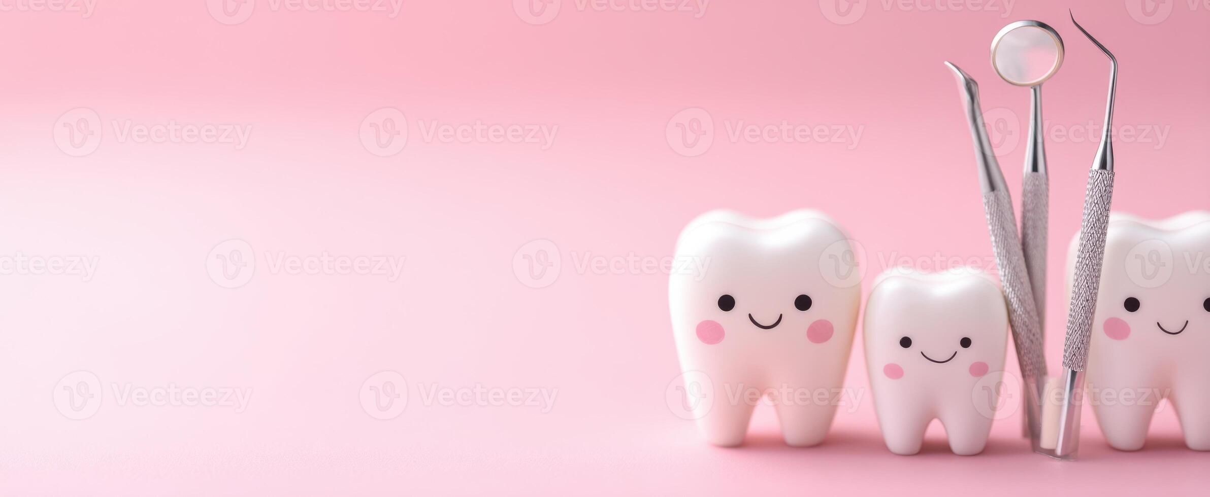 The adorable teeth characters alongside dental tools on a pastel backdrop. photo