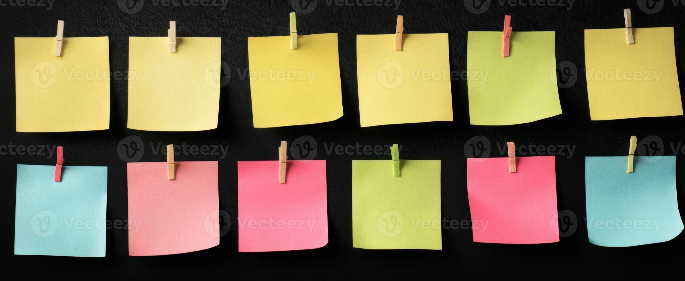 The colorful collection of sticky notes hanging on a black background. photo