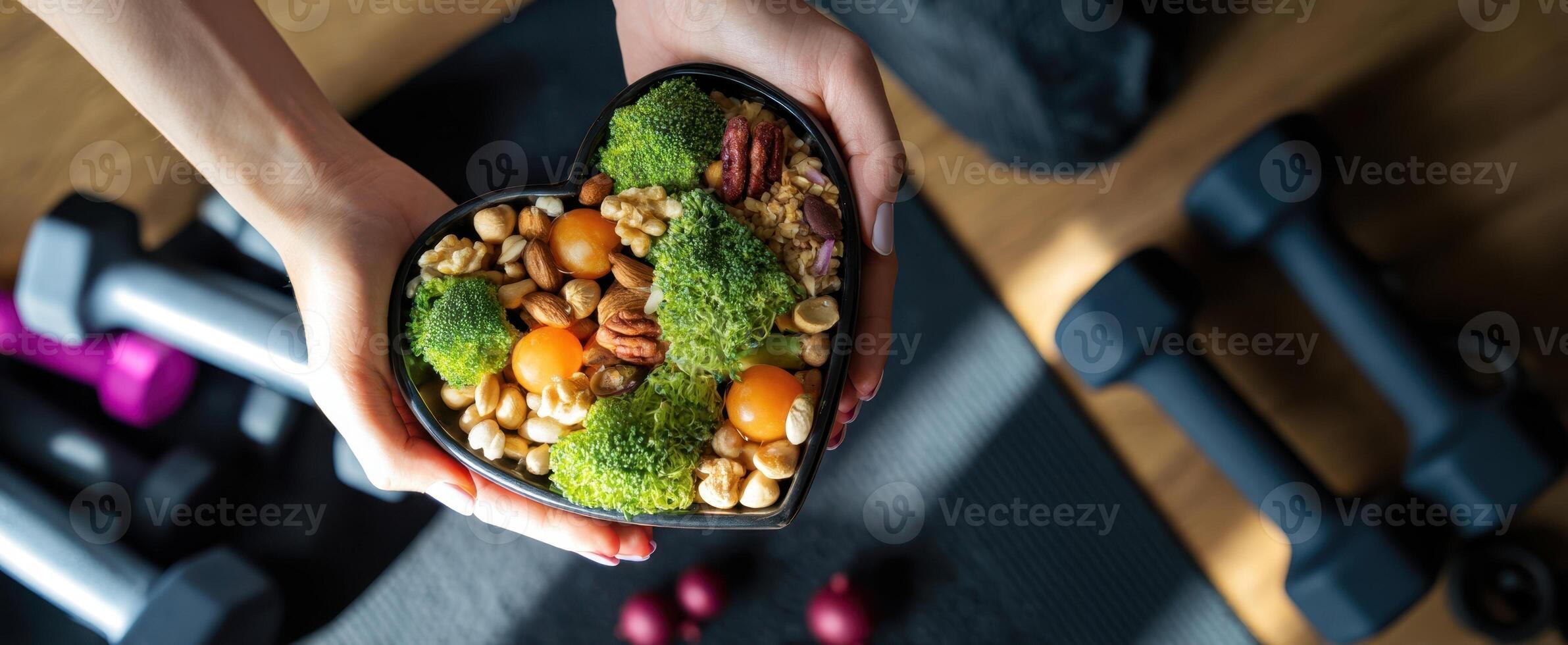 The heart-shaped bowl filled with healthy vegetables and nuts in a fitness setting. photo
