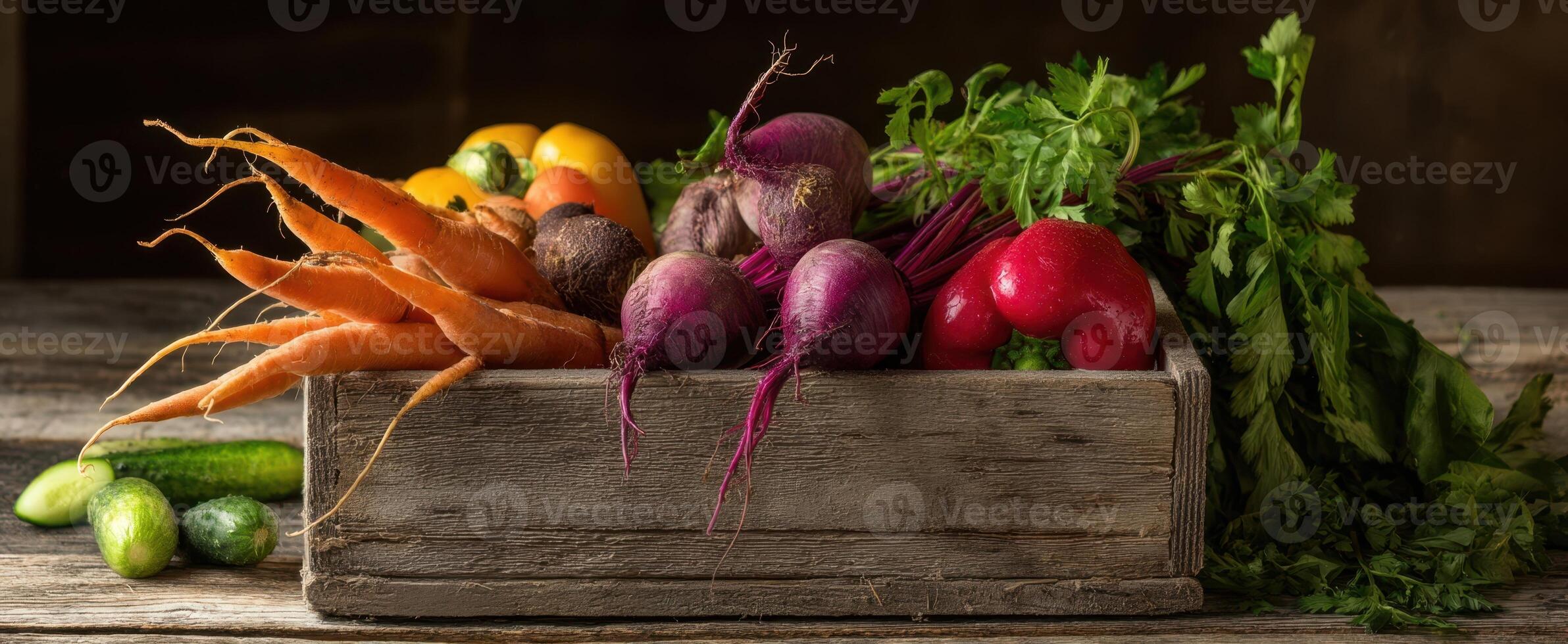 The vibrant assortment of fresh vegetables in a rustic wooden crate photo