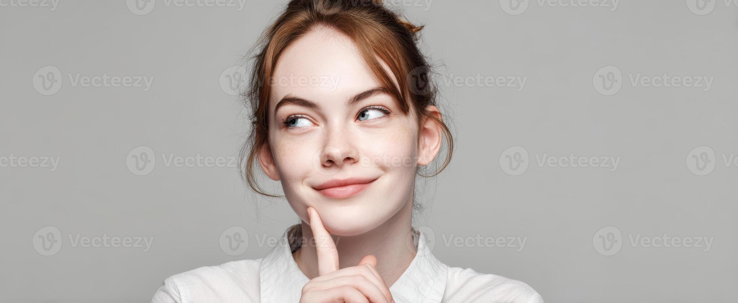 The thoughtful woman displaying a playful smile in a minimalistic setting. photo