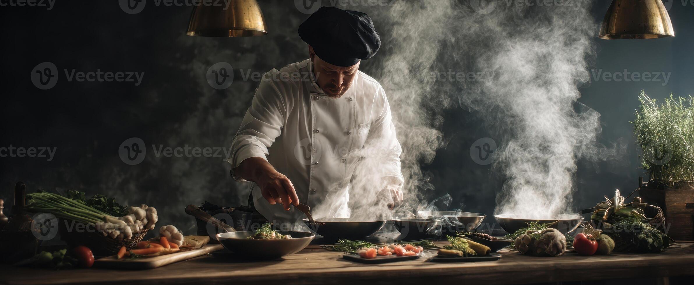 The chef skillfully prepares a delicious meal in a vibrant kitchen setting. photo