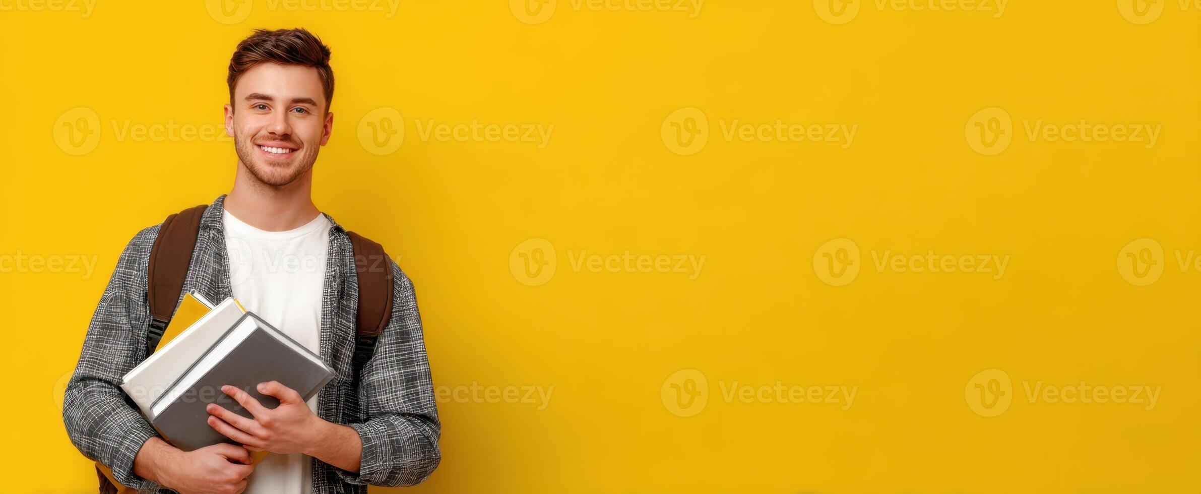 The smiling student holding books against a vibrant yellow backdrop. photo