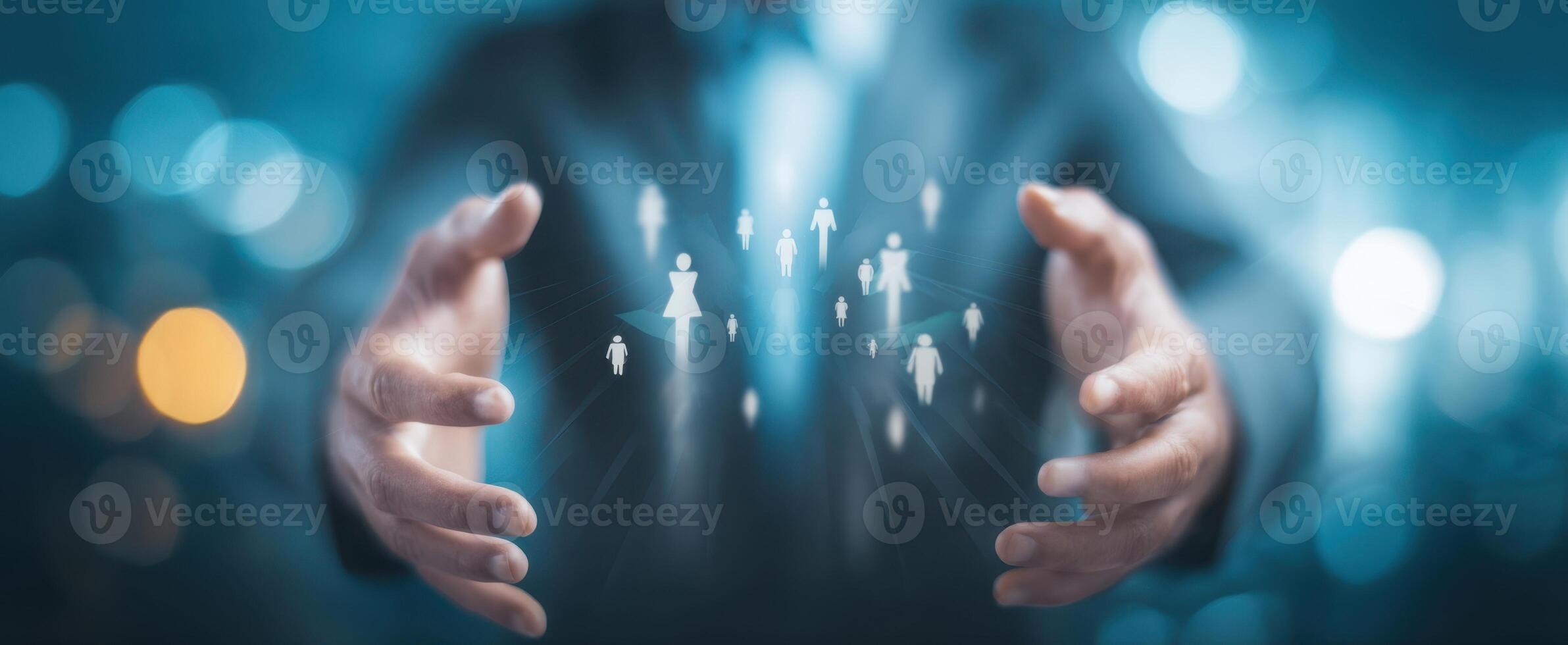The hands embracing a digital representation of people and connections. photo