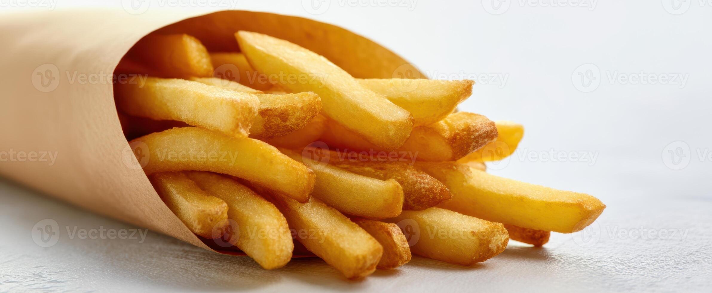 The delicious golden fries served in a paper cone on a clean surface. photo