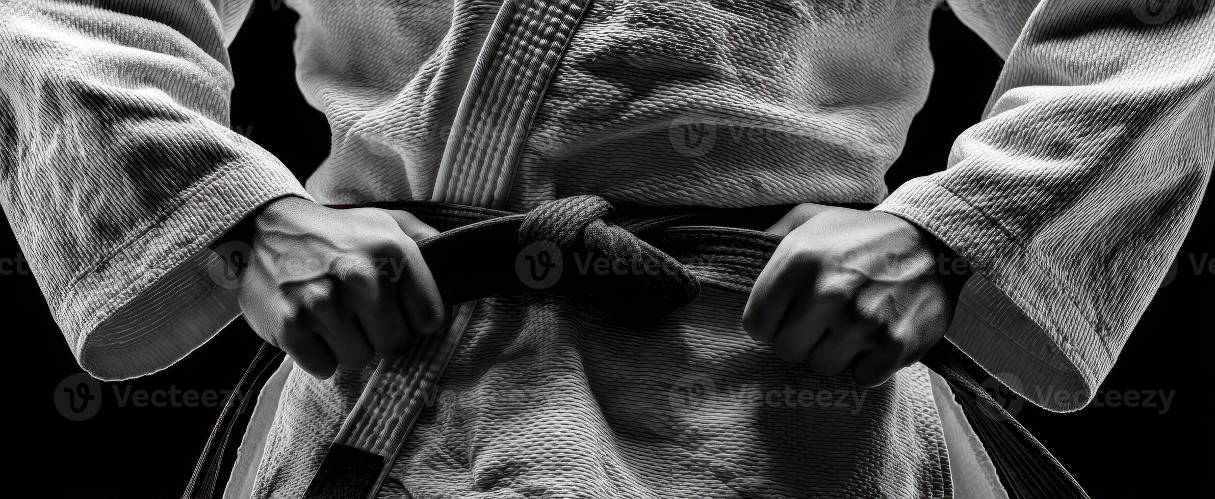 The martial artist adjusting their black belt in a focused manner. photo