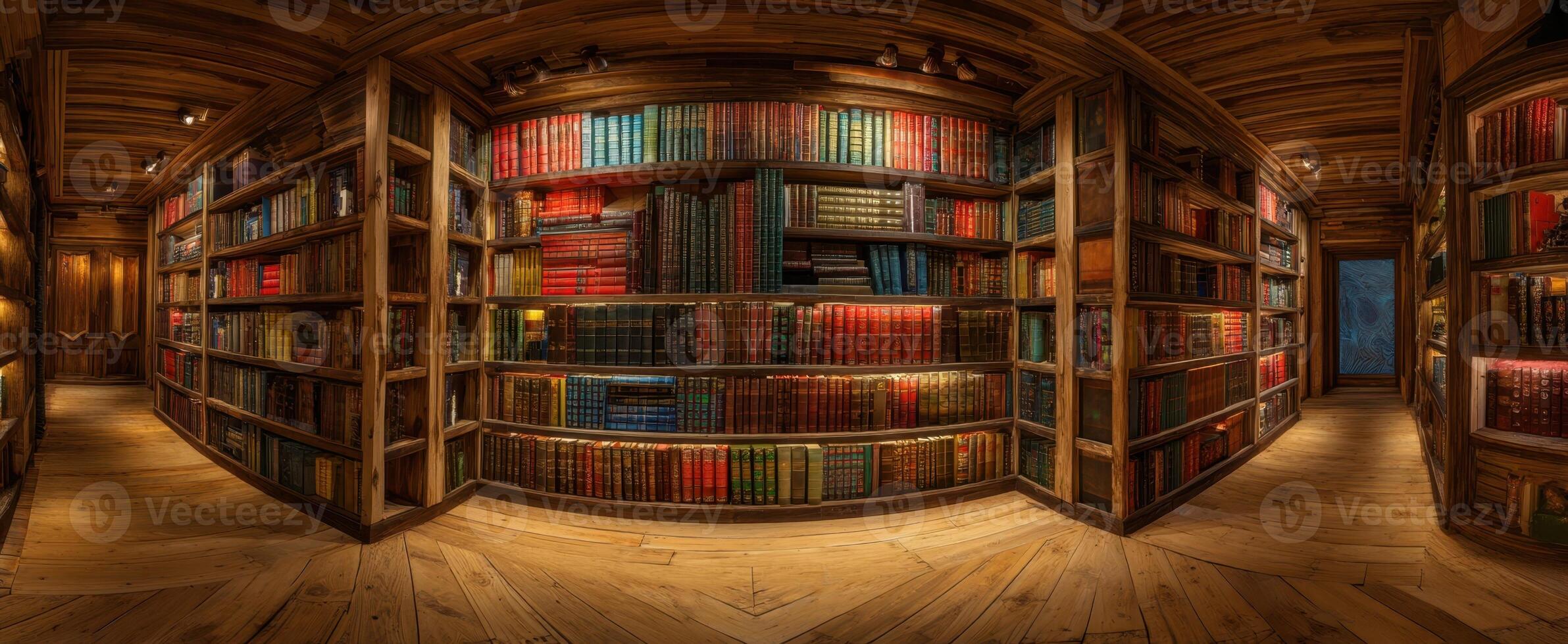 The inviting wooden library filled with colorful books and warm lighting. photo