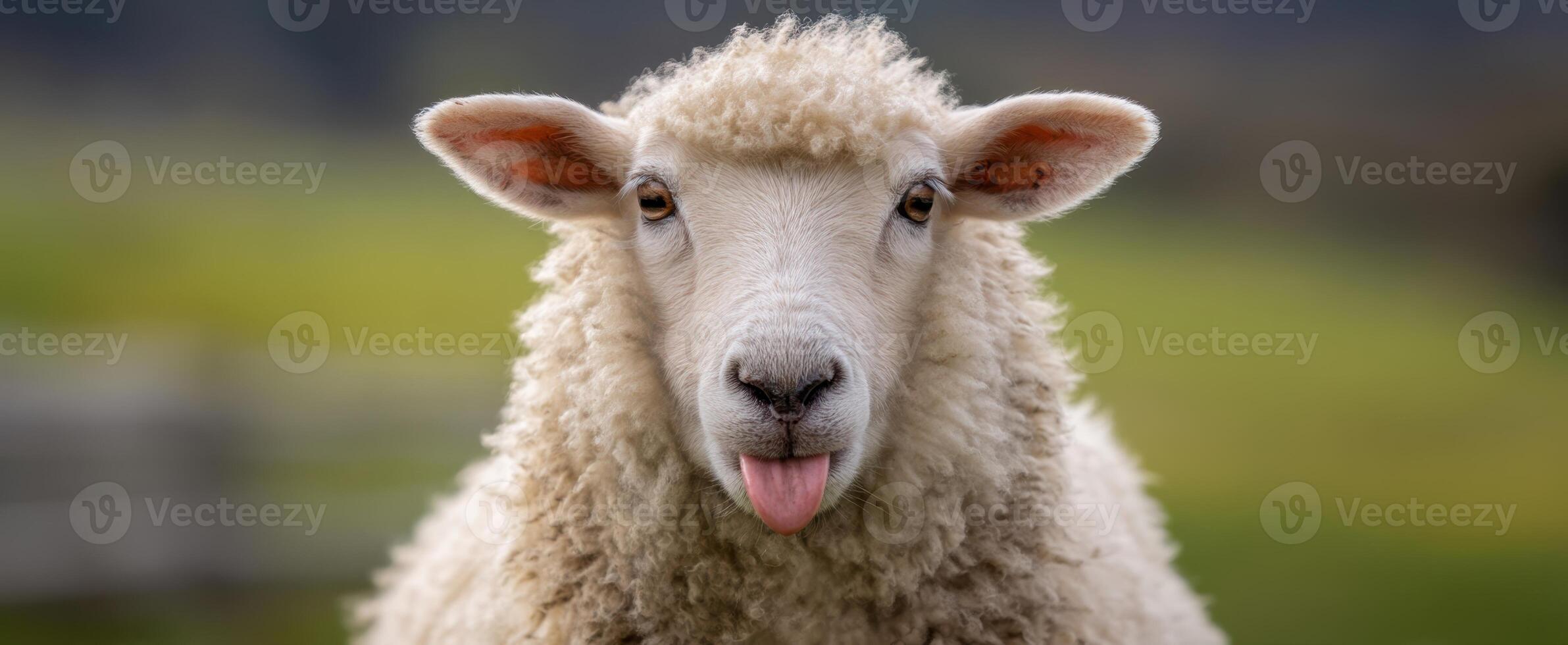 The adorable sheep sticking out its tongue in a serene rural setting. photo