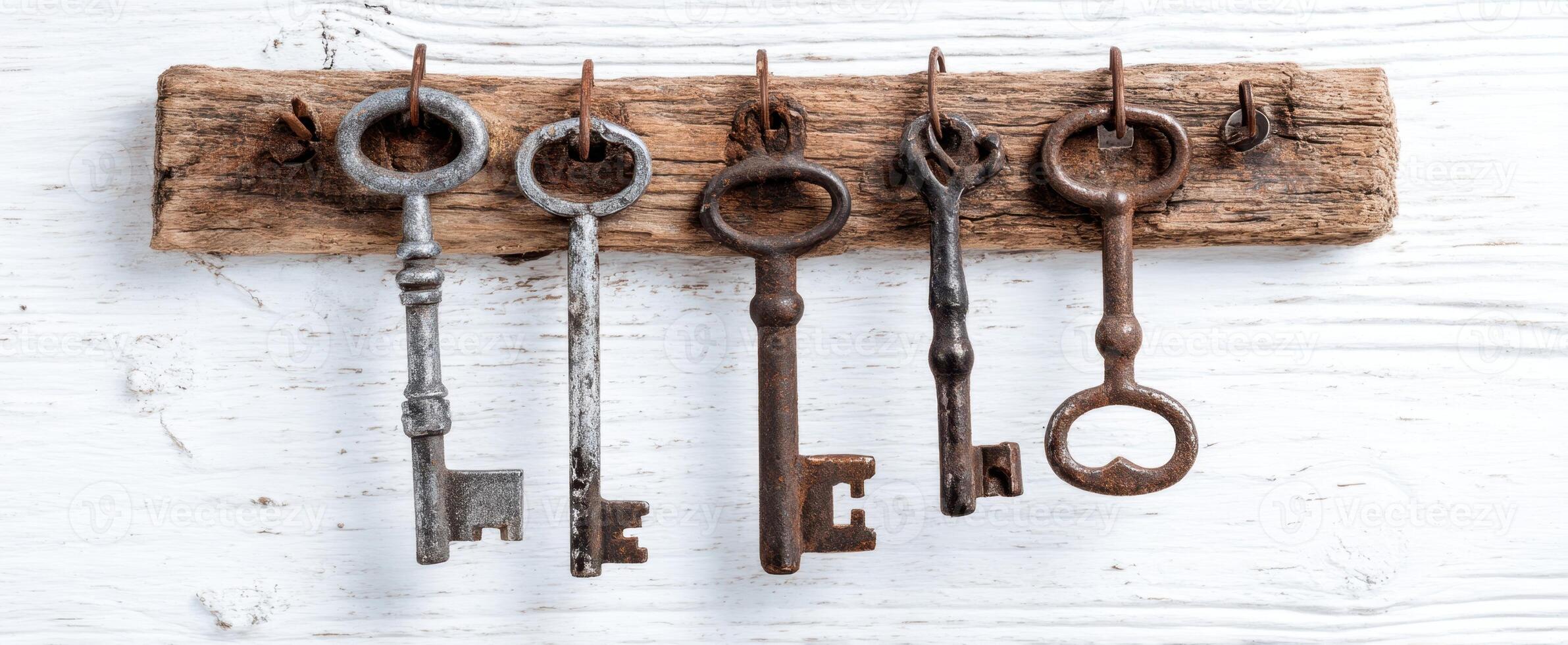 The beautiful arrangement of vintage keys on a rustic wooden hanger. photo