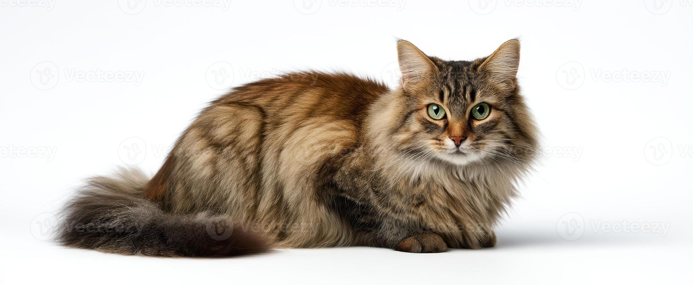 The beautiful fluffy cat resting gracefully in a studio setting. photo