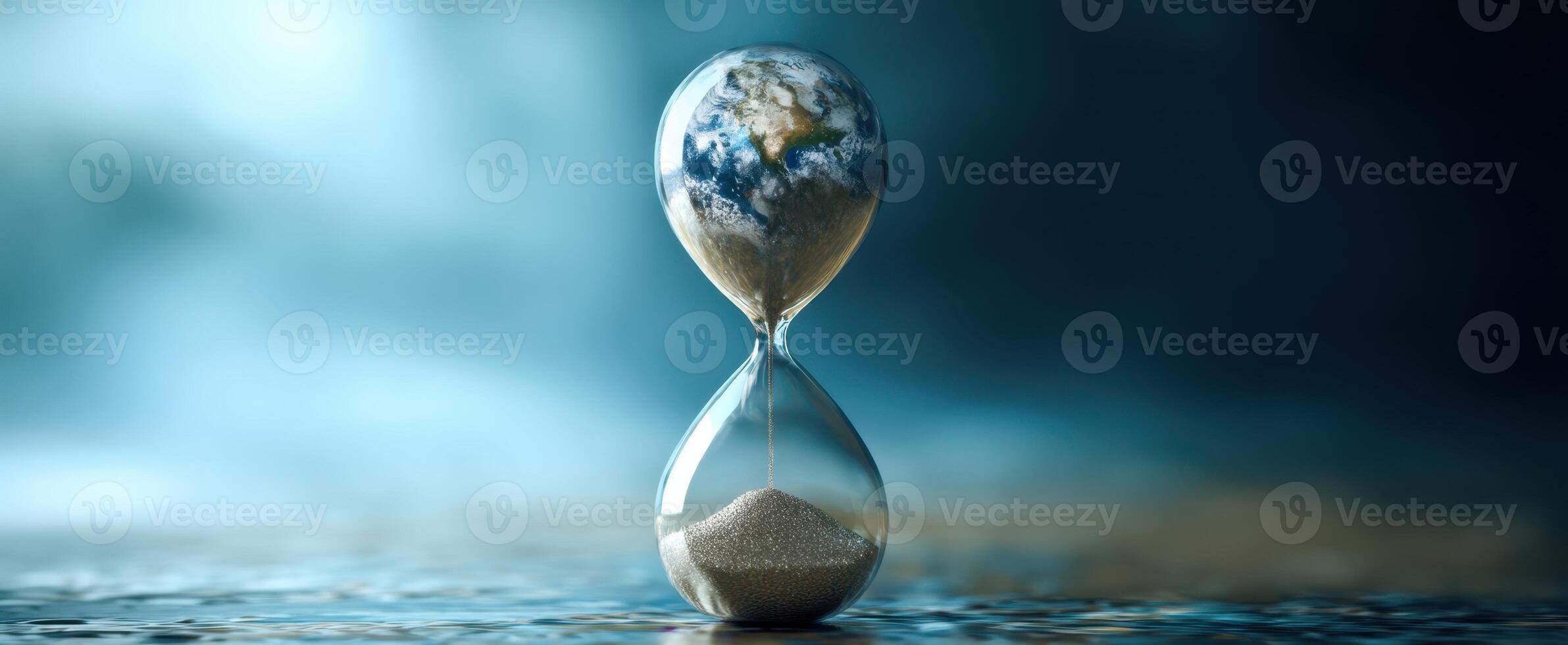 The hourglass featuring Earth symbolizing the passage of time and environmental awareness. photo