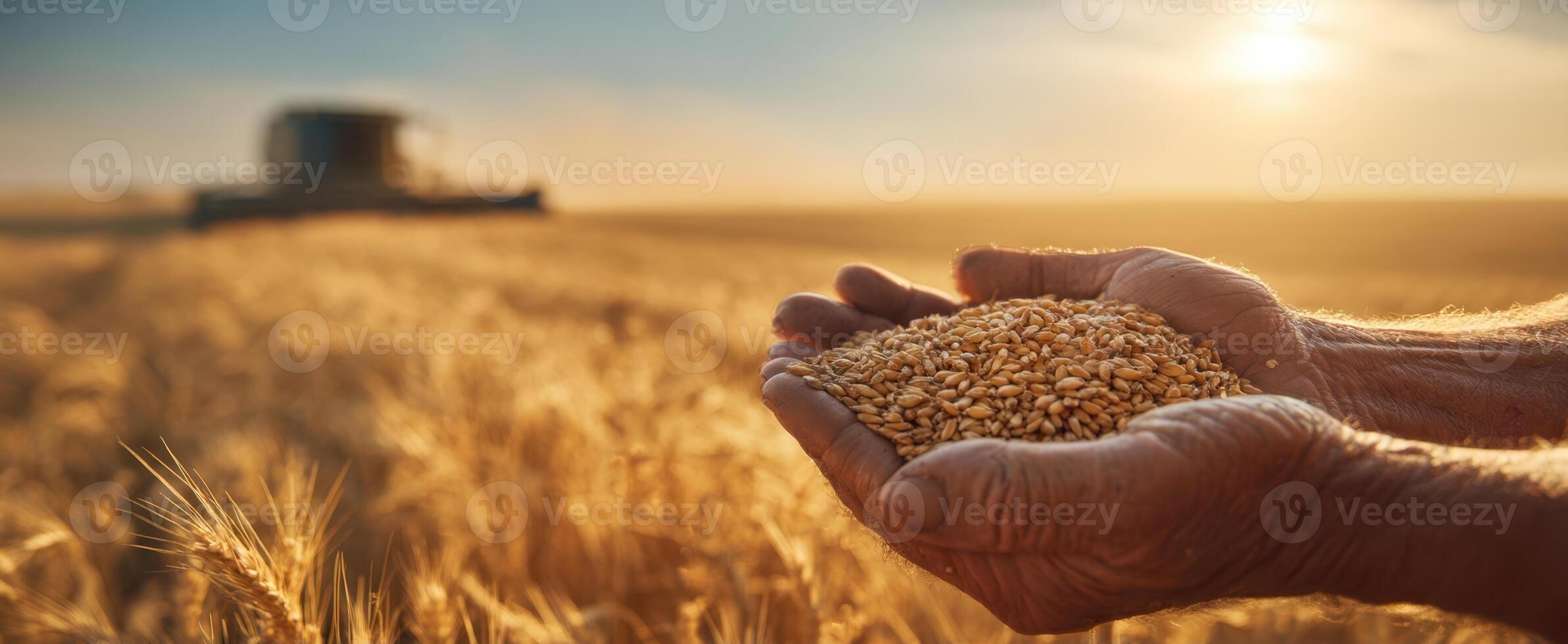 The Hands Holding Wheat Grains in a Golden Sunset Field photo