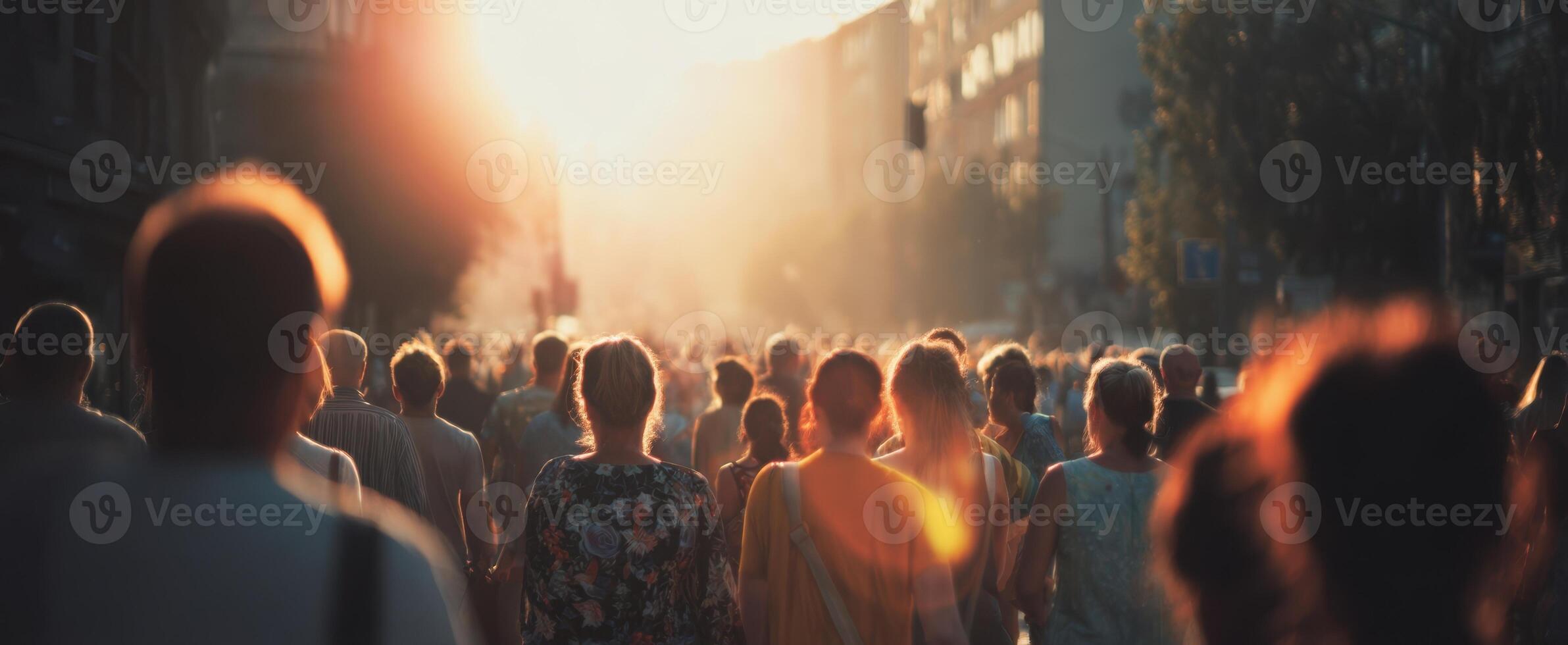 The bustling urban crowd illuminated by golden sunlight at sunset. photo