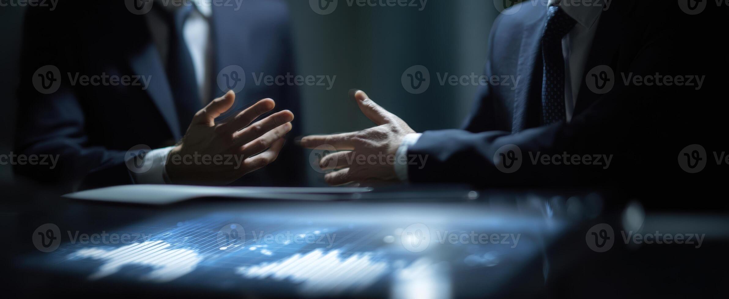 The business professionals discussing strategy over a holographic data presentation. photo