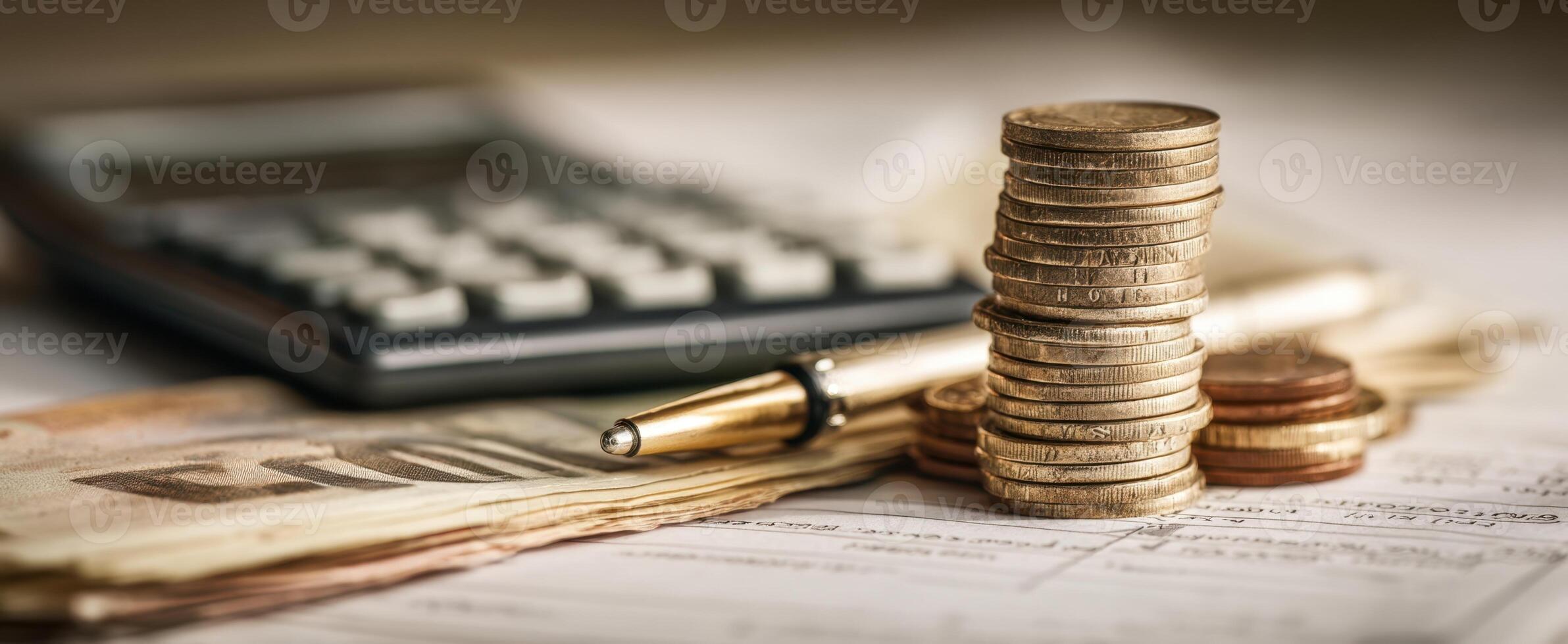 The coins and calculator representing finance and business planning in an office setting. photo