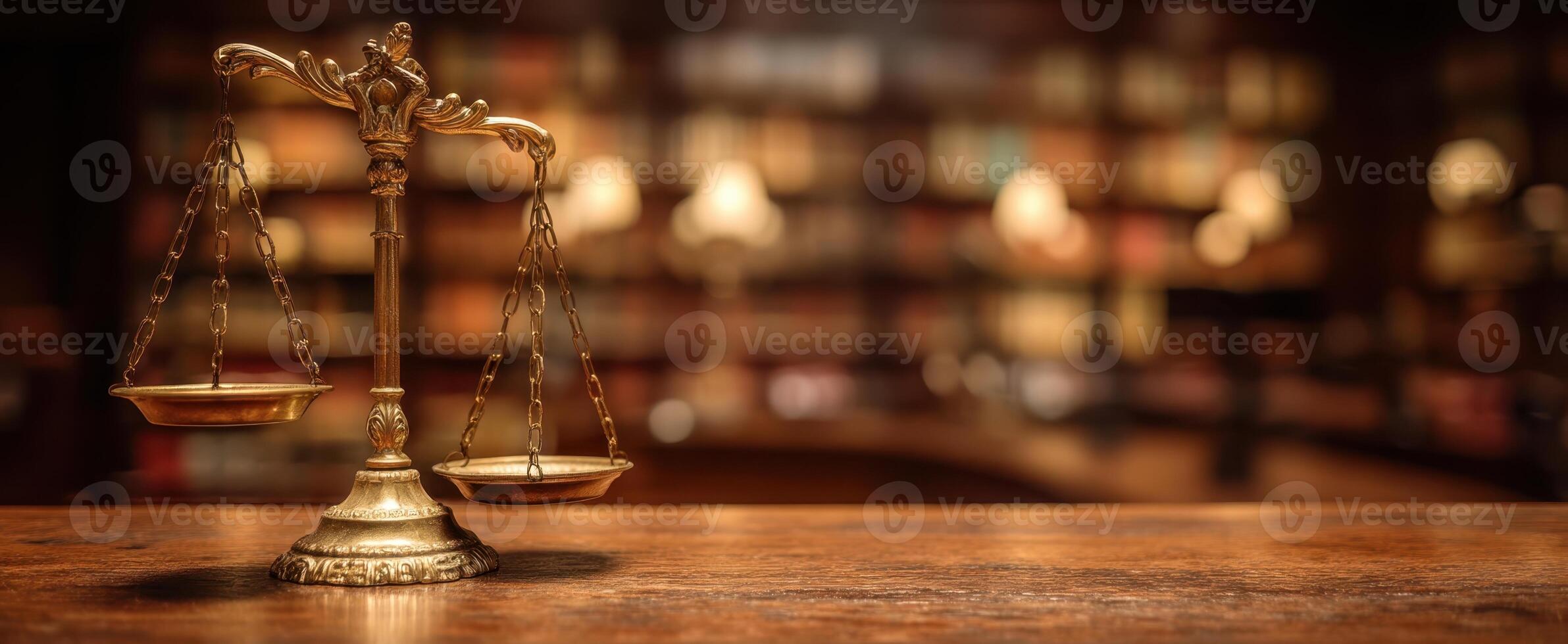 The Scales of Justice on a Wooden Table in an Elegant Library Setting photo