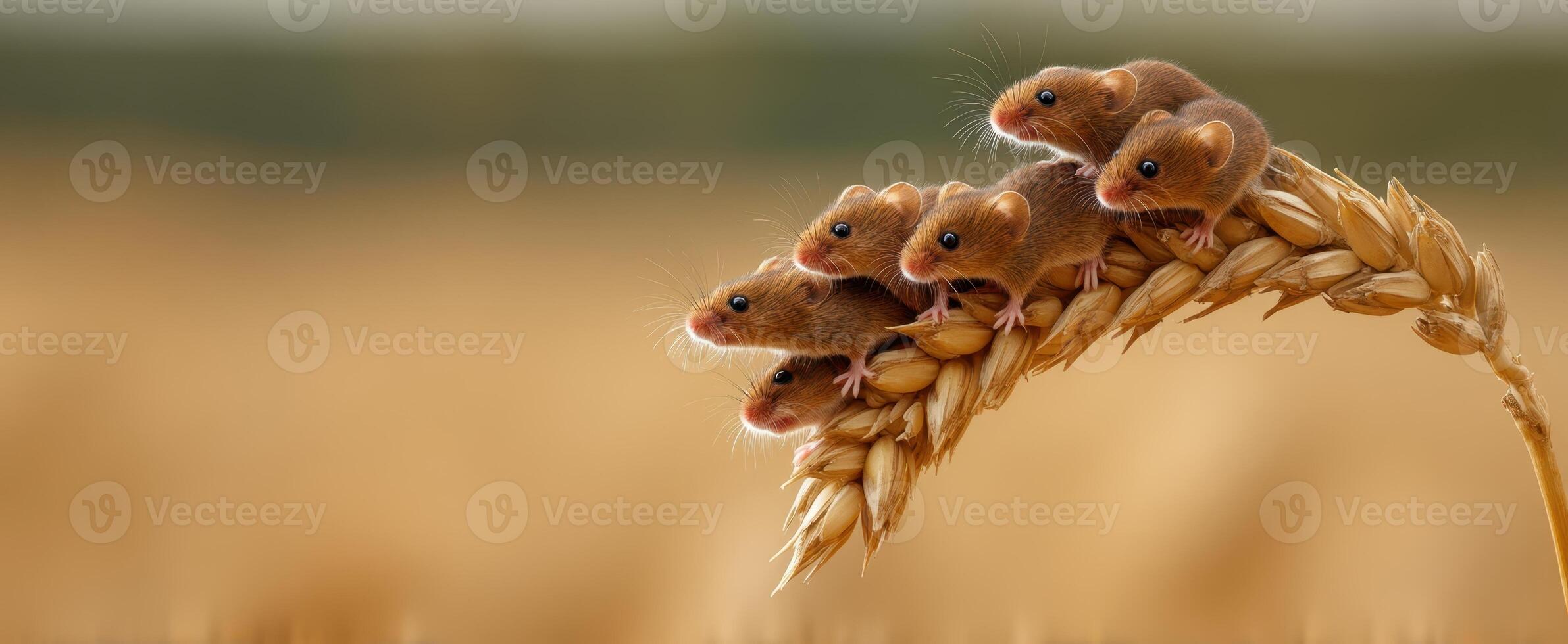 The adorable group of mice perched on a stalk of golden wheat. photo