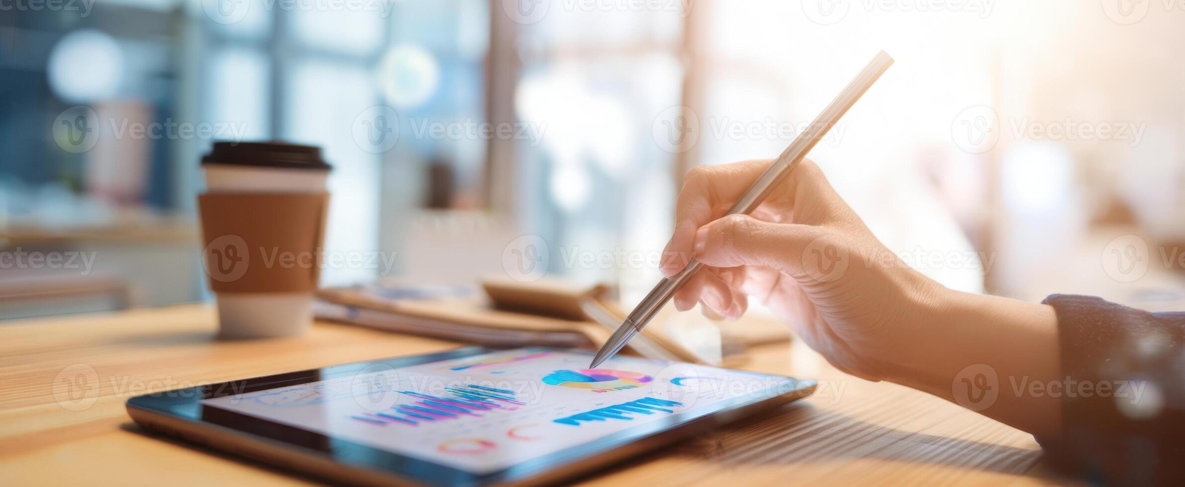 The tablet displaying business analytics during a creative brainstorming session. photo