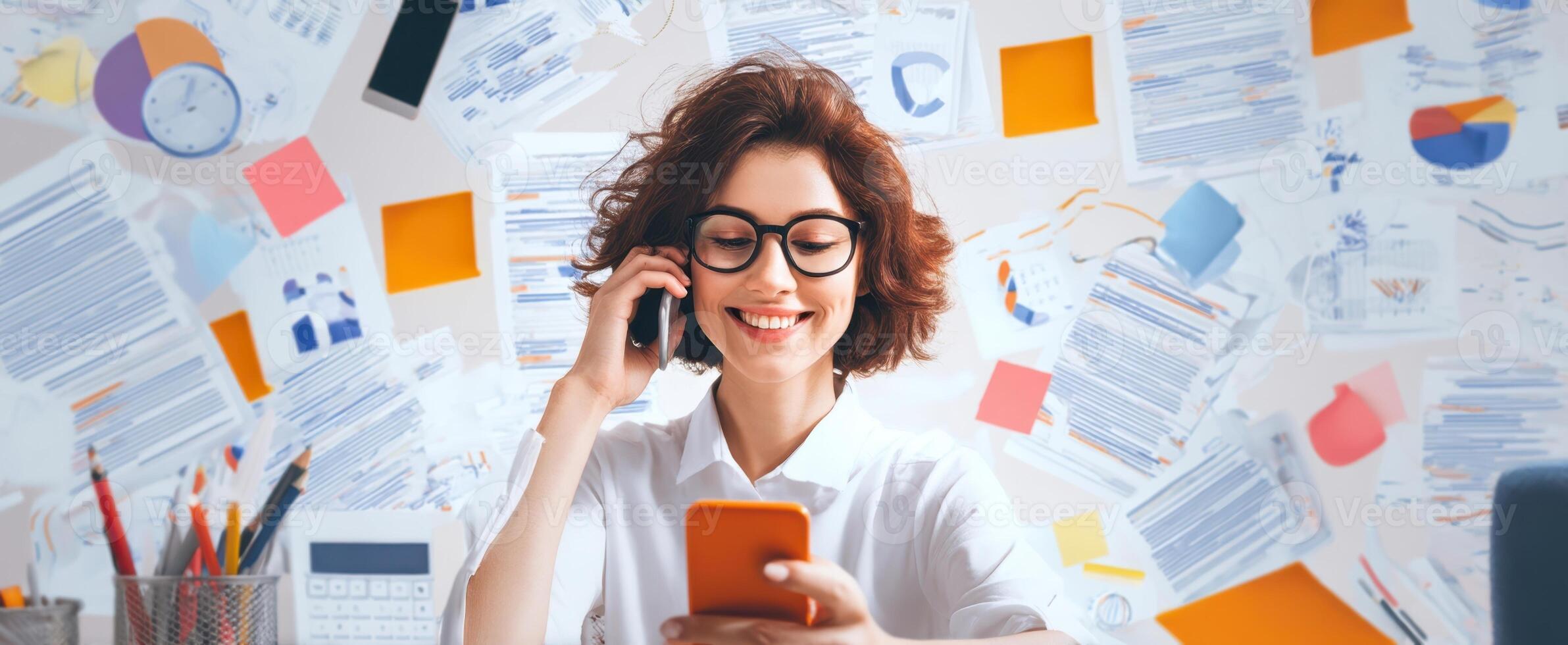 The smiling woman enjoying a phone call while checking her smartphone in an office. photo
