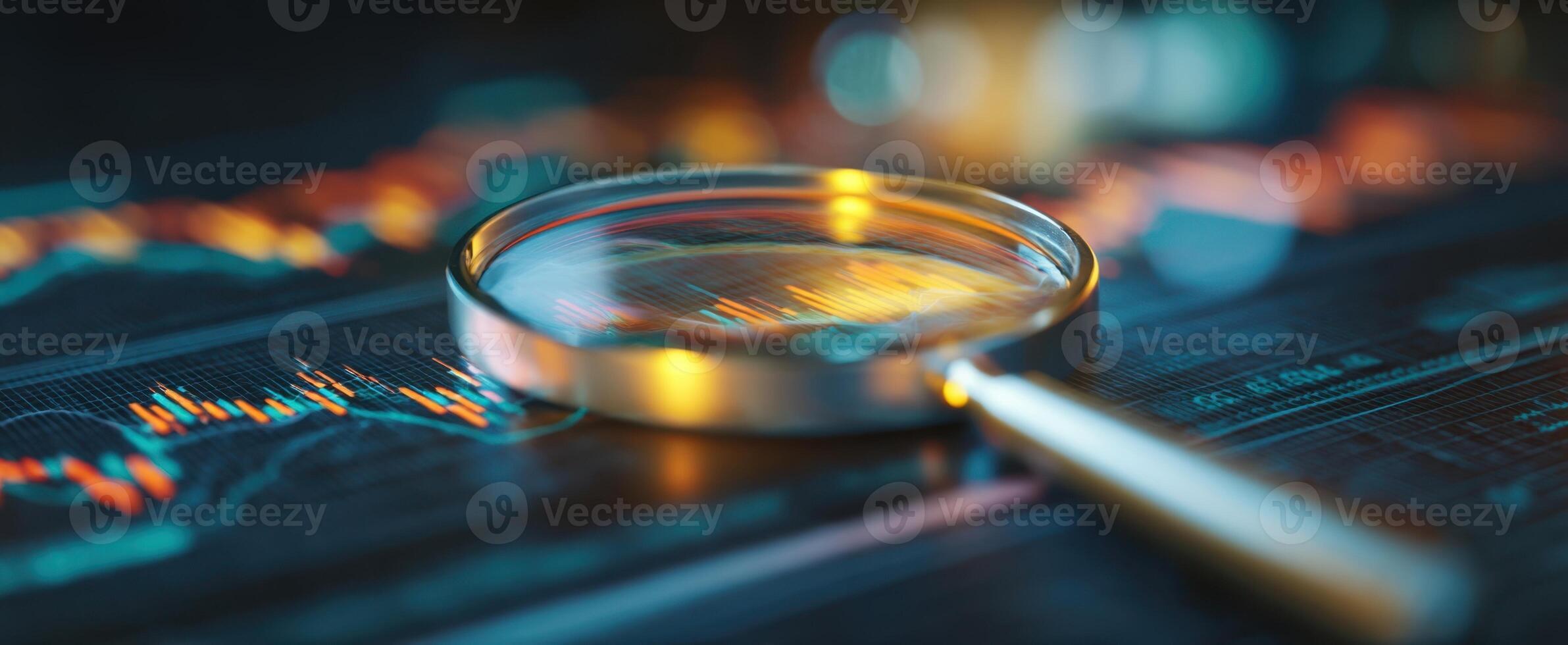 The magnifying glass highlighting financial data analysis on a dark surface. photo