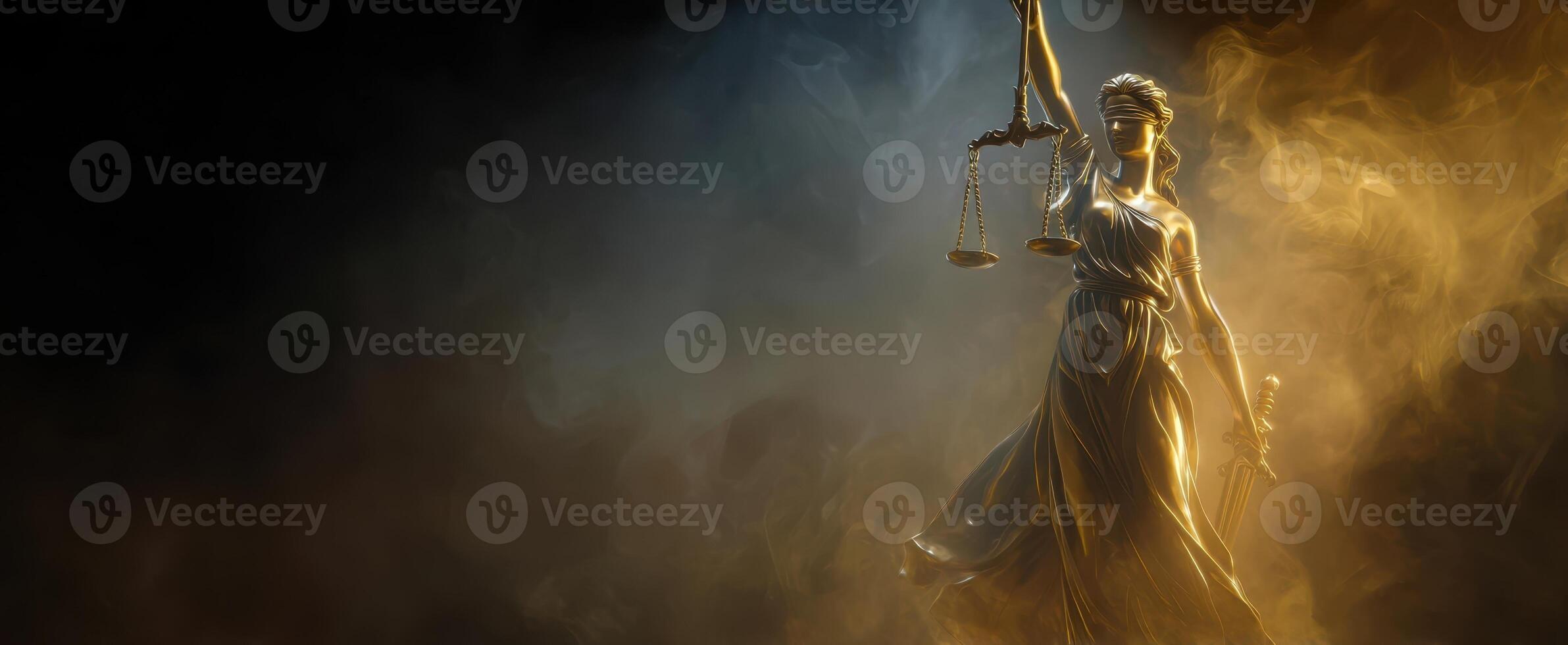 The Justice Statue Illuminated by Dramatic Light and Smoke Effects photo