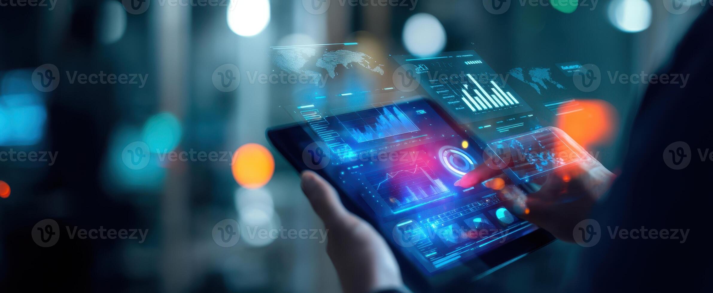 The interactive tablet displaying advanced data analytics and business insights. photo