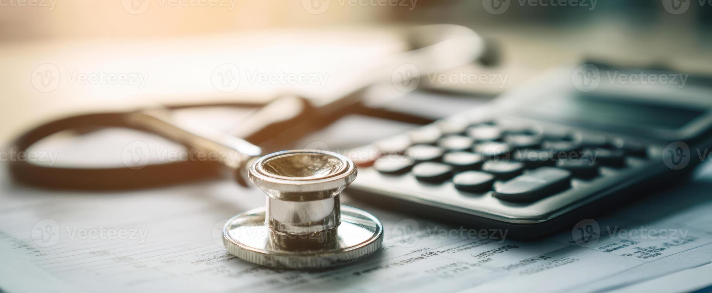 The stethoscope and calculator symbolizing healthcare costs and financial management. photo