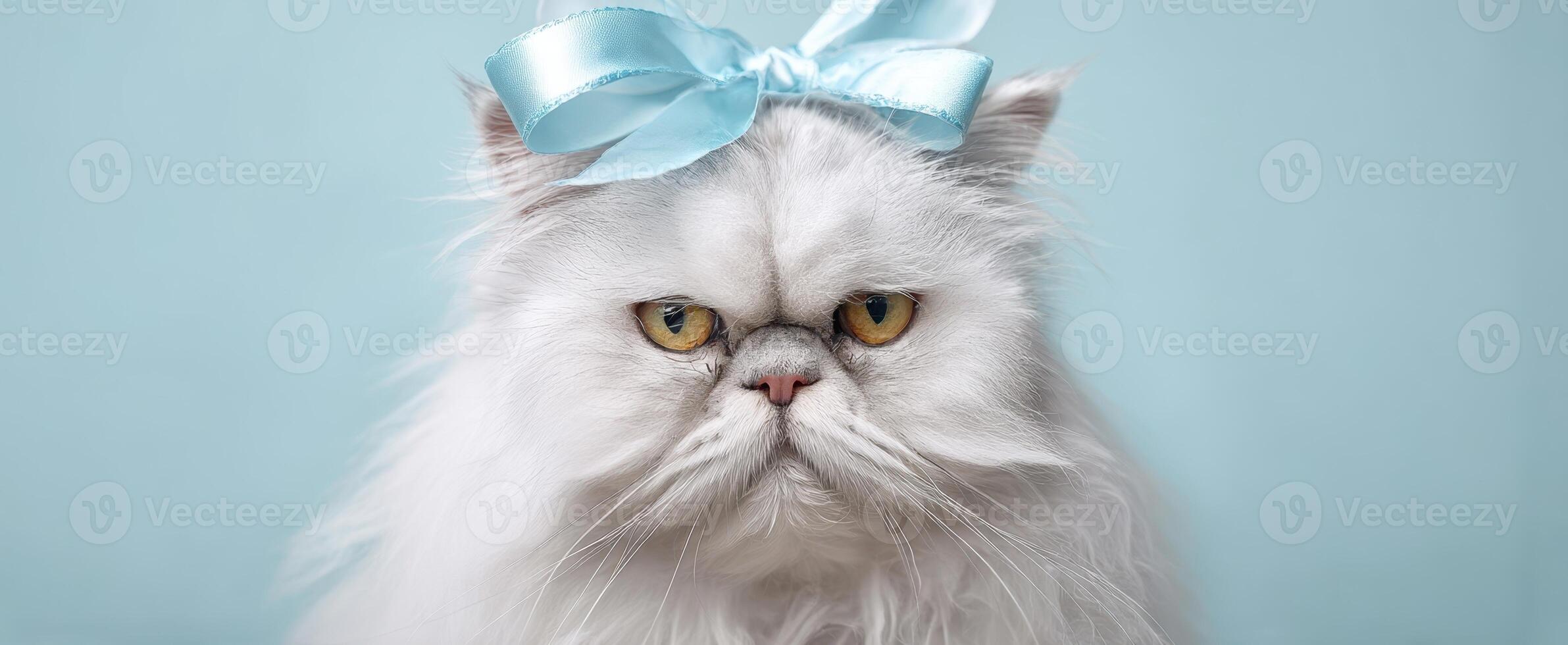 The charming Persian cat with a beautiful blue bow on its head. photo