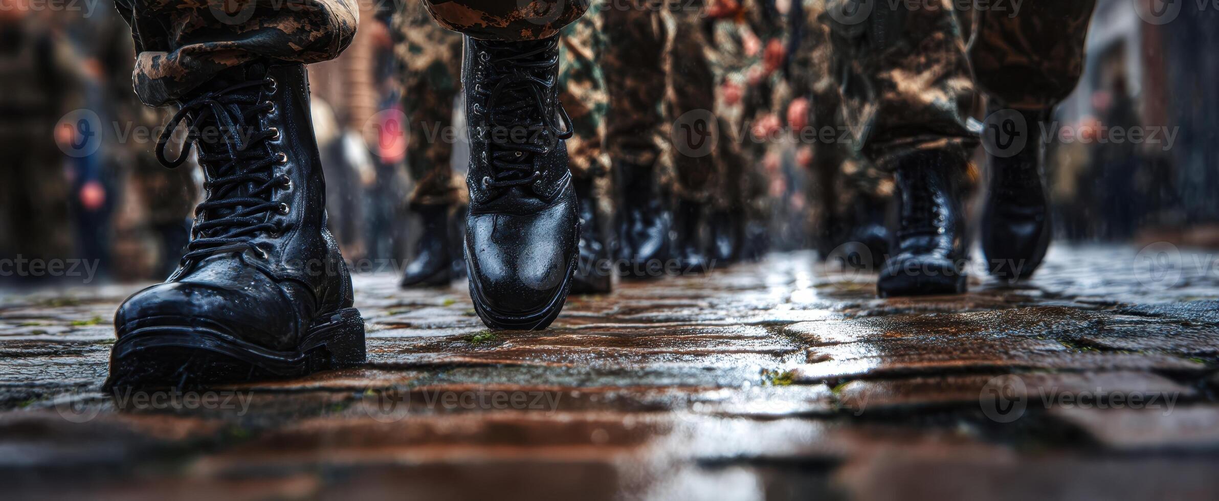 The soldiers marching in formation on a wet cobblestone street. photo