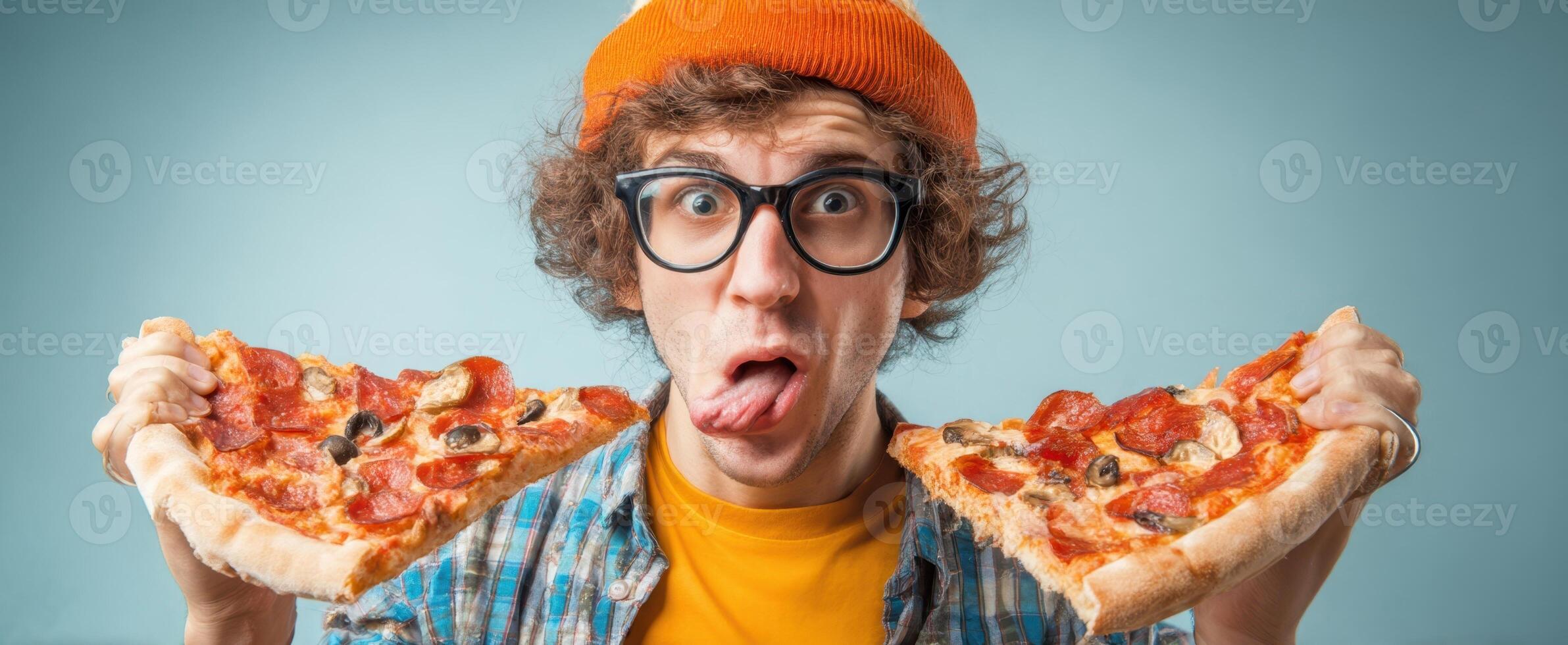 The playful young man enjoying two delicious slices of pizza. photo