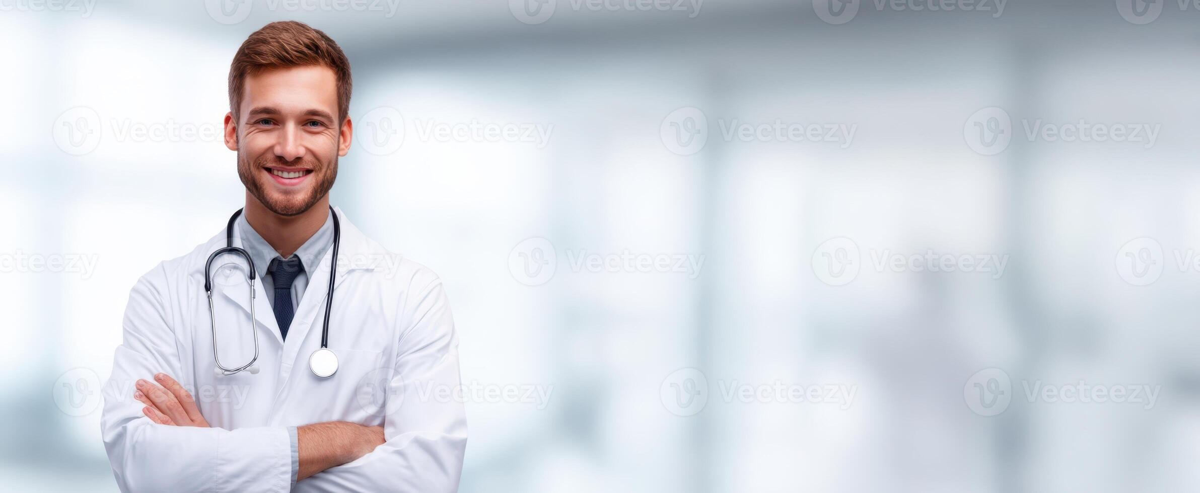 The smiling doctor in a modern medical facility with a stethoscope. photo
