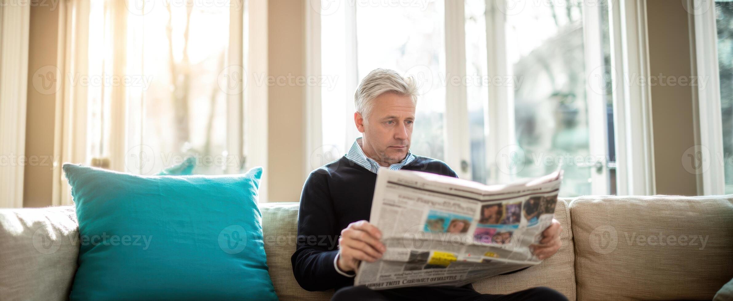 The man reading a newspaper while relaxing comfortably on a sofa. photo