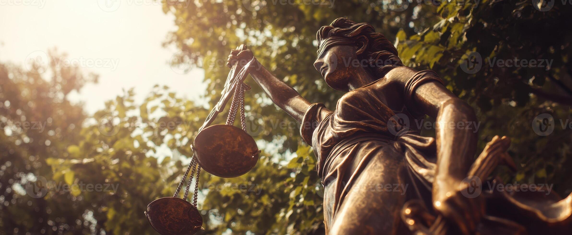 The Lady Justice statue representing fairness and equality in a serene outdoor setting. photo