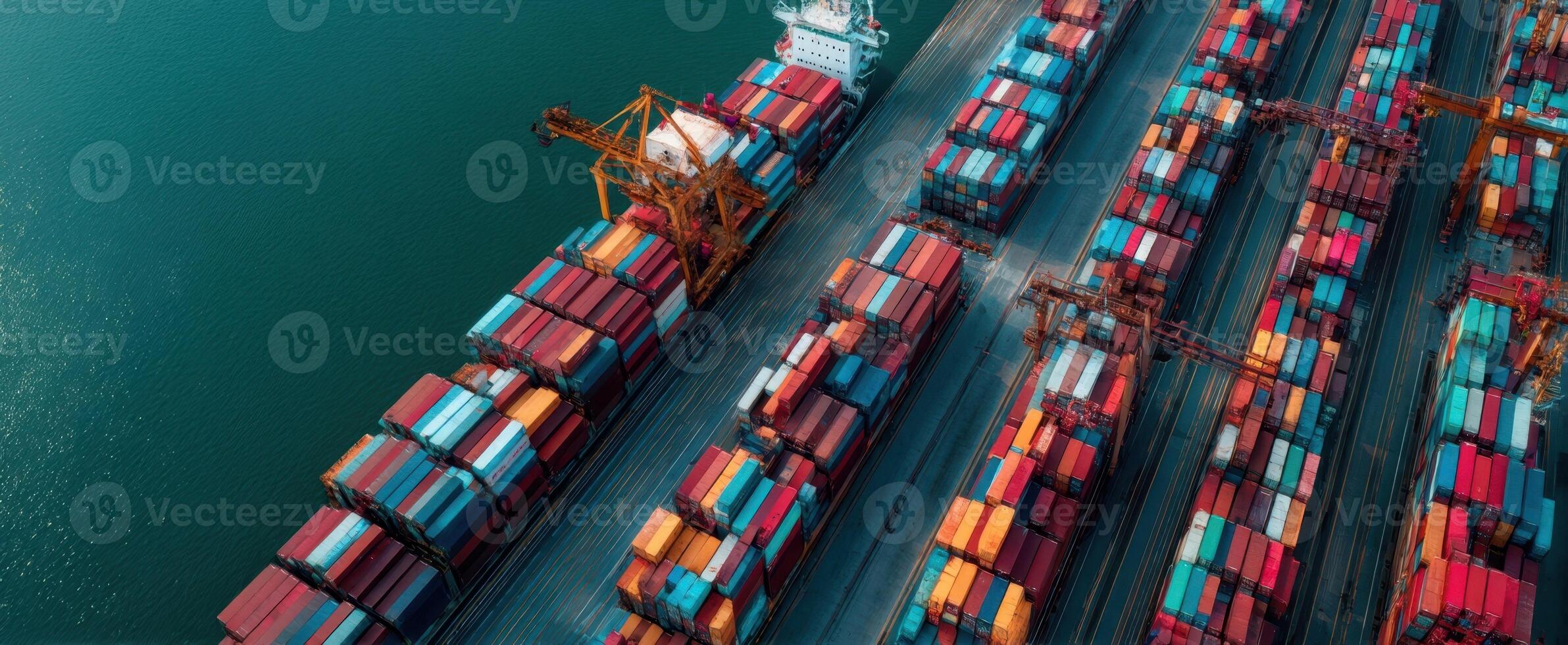 The vibrant loading and unloading of cargo containers at a bustling port. photo