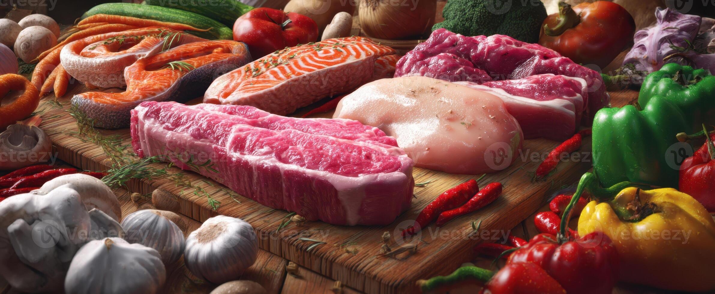 The assortment of fresh meats and vegetables ready for culinary preparation. photo