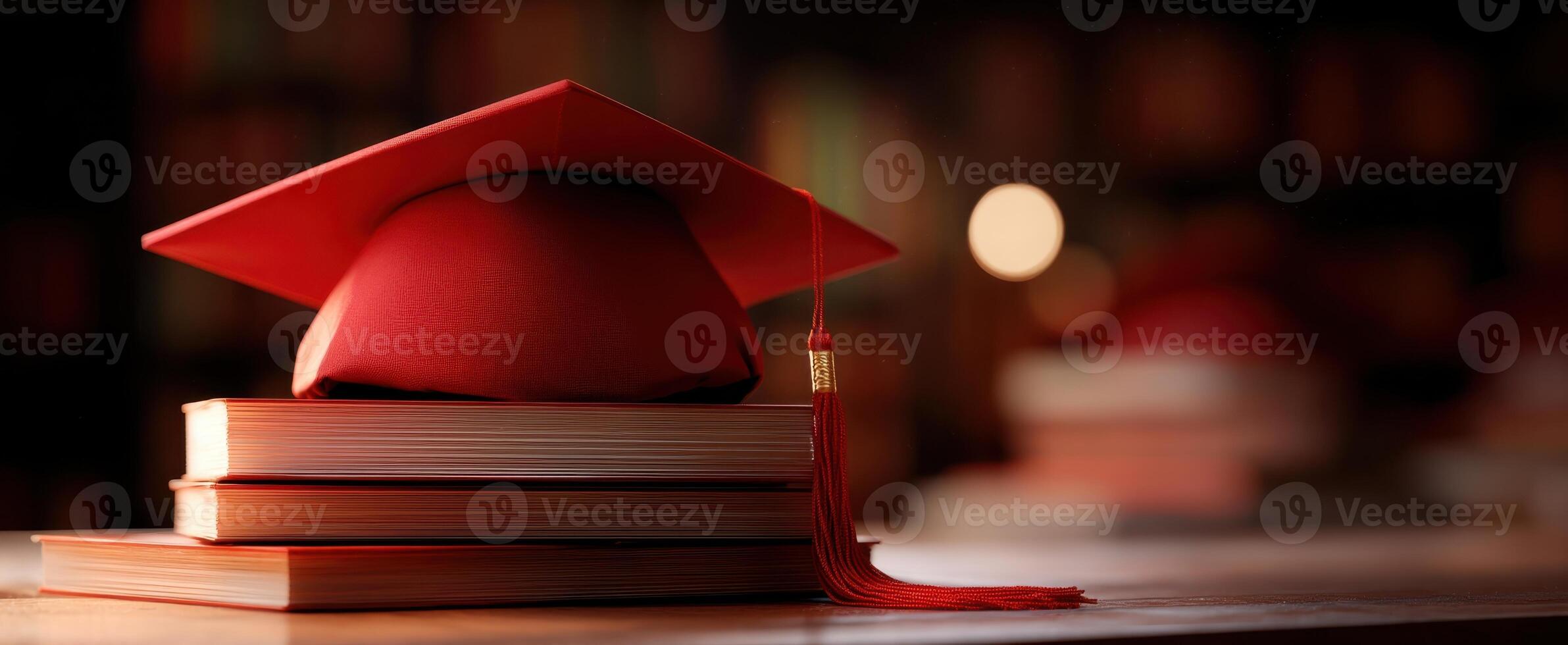 The graduation cap resting atop a stack of books in a library setting. photo