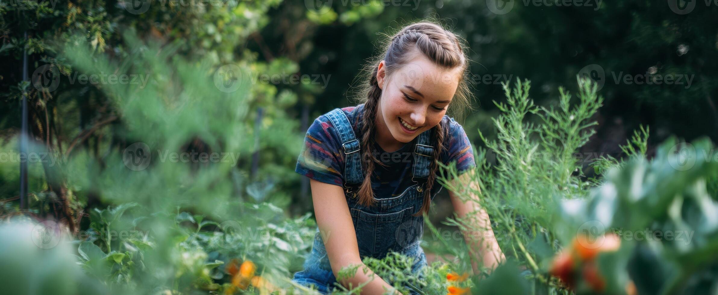 The smiling gardener enjoying her time in a vibrant green garden. photo