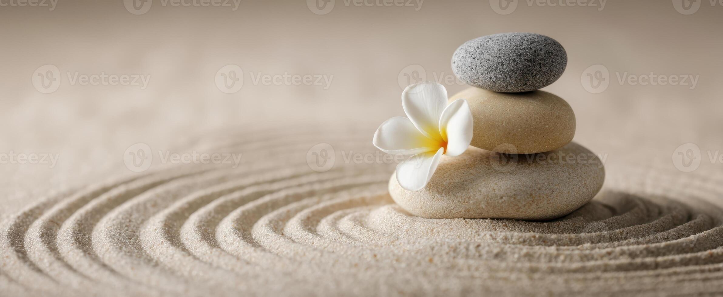 The Tranquil Arrangement of Stones and a Flower in Serene Sand Patterns photo