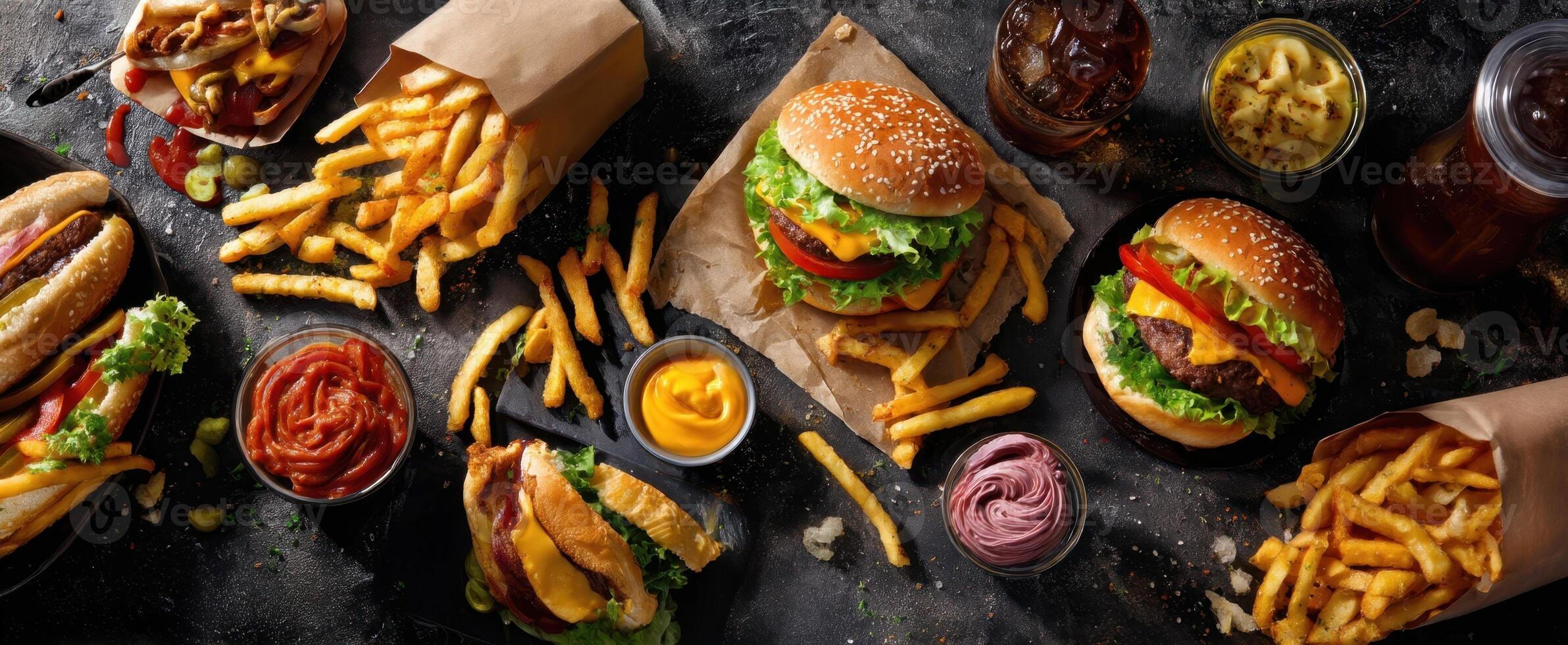 The delicious array of burgers, fries, and snacks on a rustic table. photo