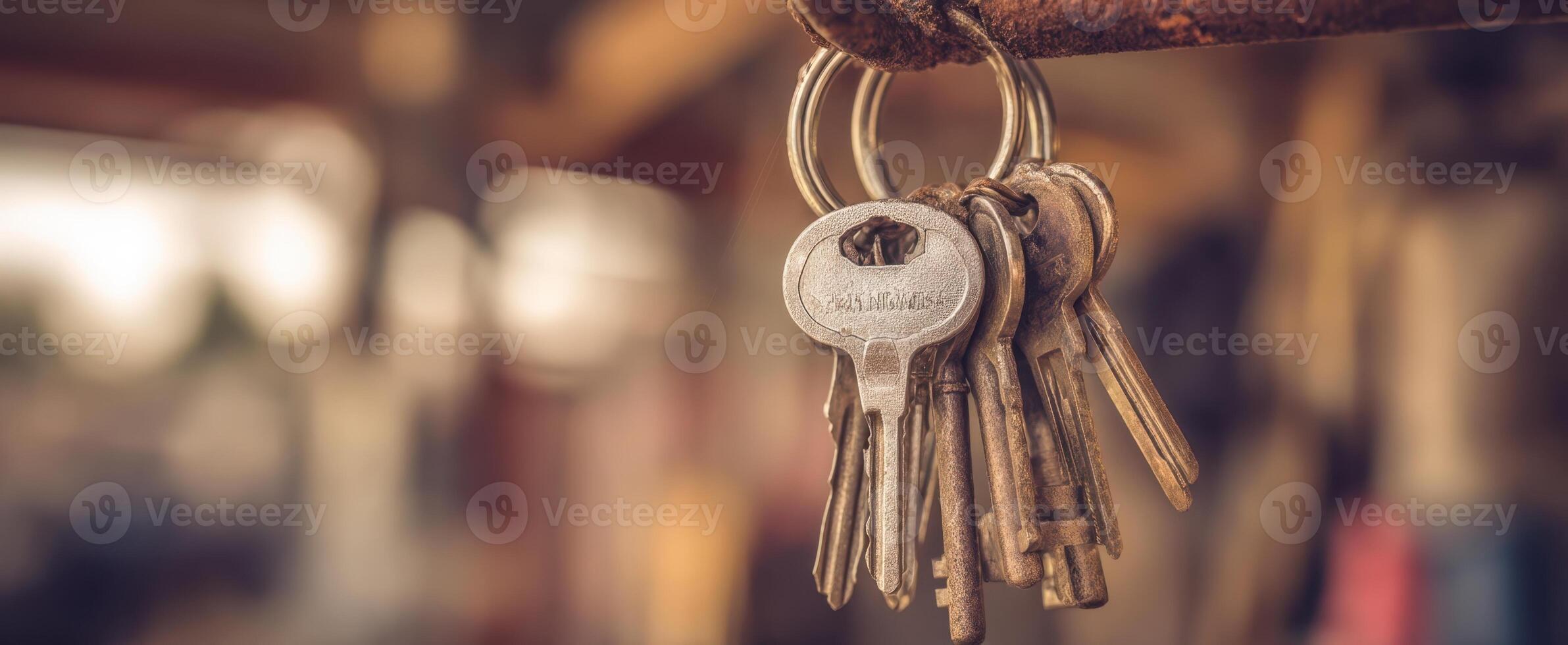 The vintage keys hanging on a rustic hook in soft focus background. photo
