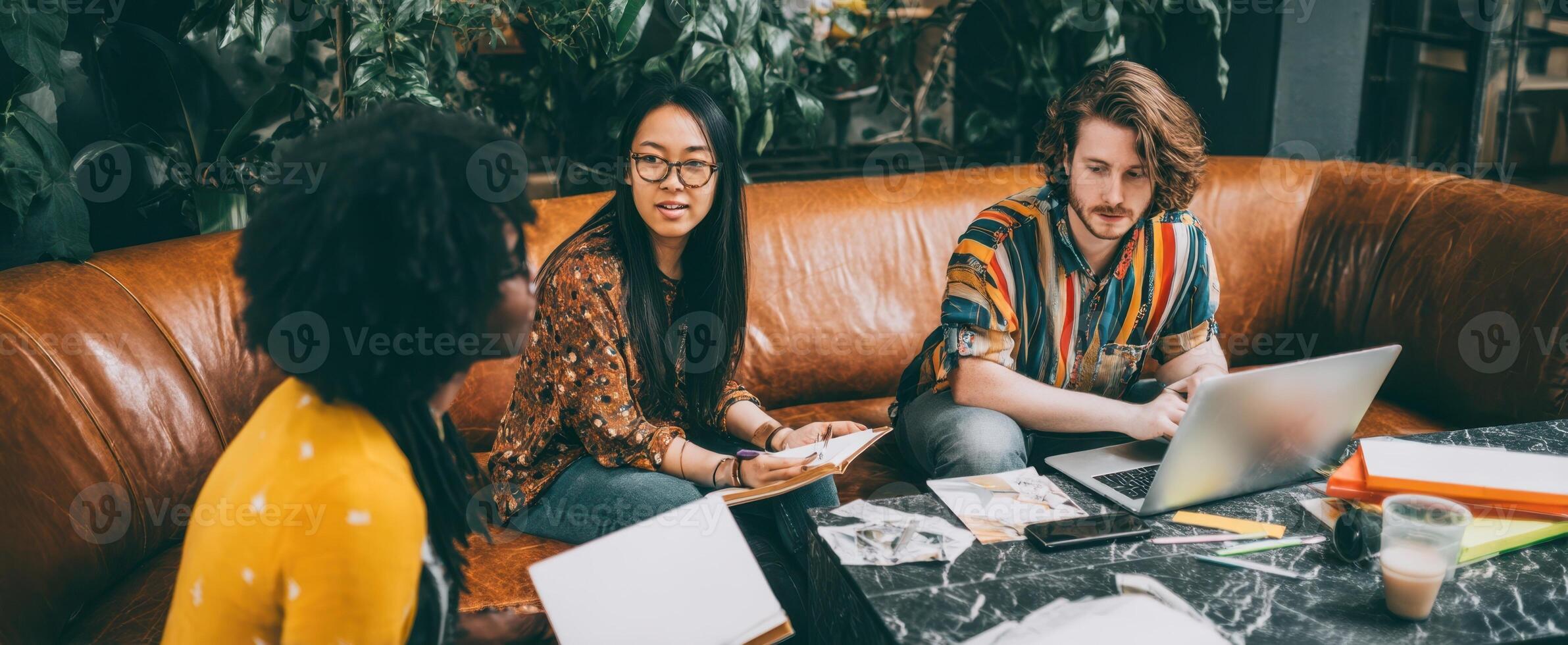 The creative team collaborating in a vibrant and casual workspace. photo