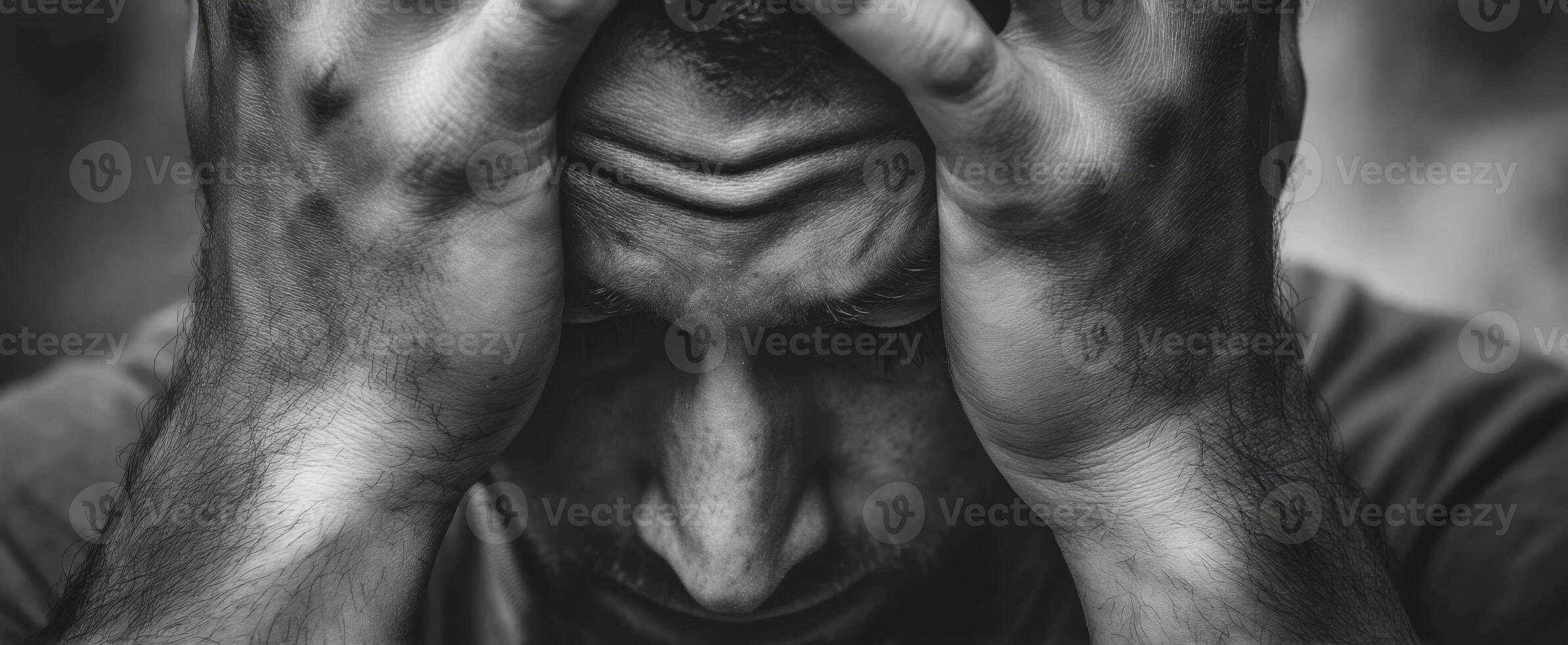 The man expressing deep emotional pain and inner turmoil in black and white. photo